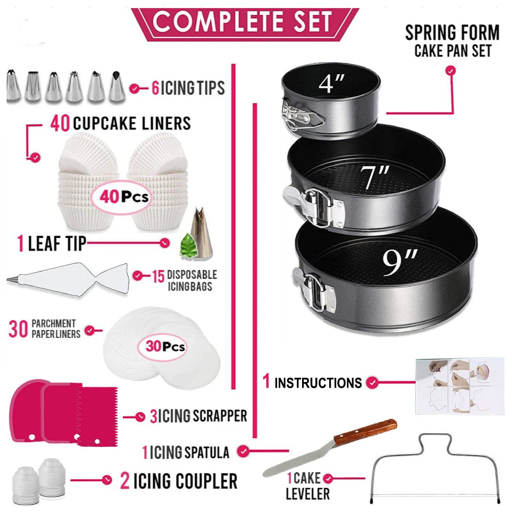 103 Piece Cake Baking Set with 3 Springform Pans – 4, 7 & 9 Inch Non-Stick Tins with Piping Tips, Liners & Scrapers – Best for Layer Cakes & Cheesecakes