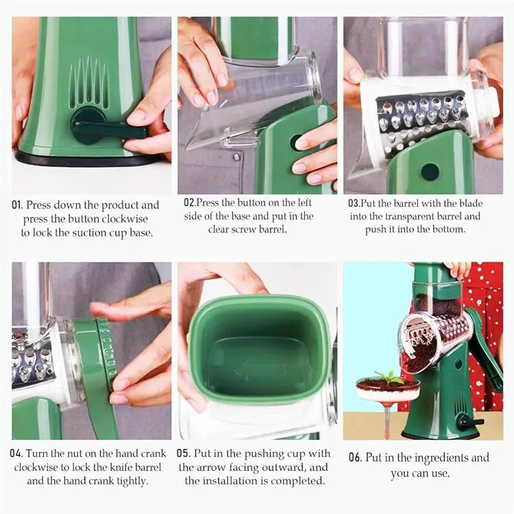 5-in-1 Rotary Cheese and Vegetable Grater with Handle and Suction Base – Multifunctional Interchangeable Rotating Drum Blades for Slicing, Shredding, and Grinding.(Available in Green, White, and Black Colours)