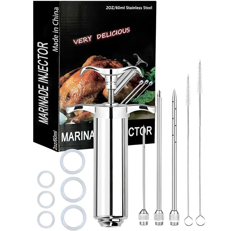 2oz Stainless Steel Meat Injector Syringe Kit with 3 Marinade Needles – Flavour Injector for Beef, Chicken & Turkey – Perfect for BBQ, Smoking & Roasting Silver