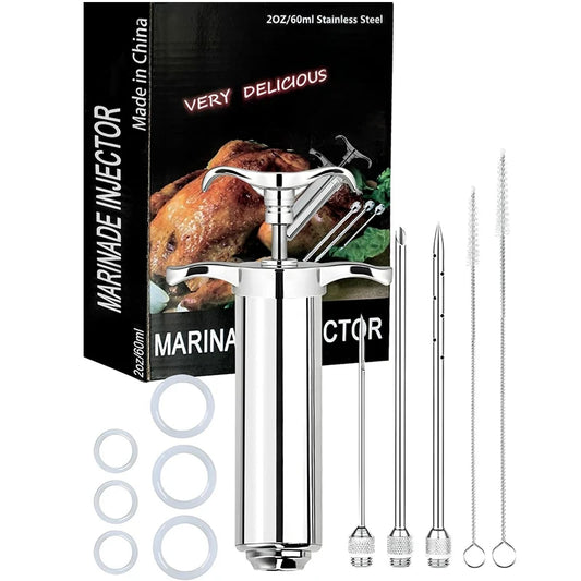 2oz Stainless Steel Meat Injector Syringe Kit with 3 Marinade Needles – Flavour Injector for Beef, Chicken & Turkey – Perfect for BBQ, Smoking & Roasting Silver