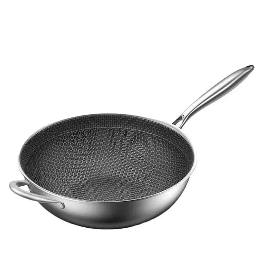 Honeycomb Stainless Steel Wok with Long Handle & Side Handle – Multi-Functional Deep Wok for Stir-Frying, Searing, Sautéing, Frying, Soups, Noodles, Steak, Deep-Frying, Tossing, Ramen & One-Pan Dishes,Available in 12-inch & 14-inch Sizes
