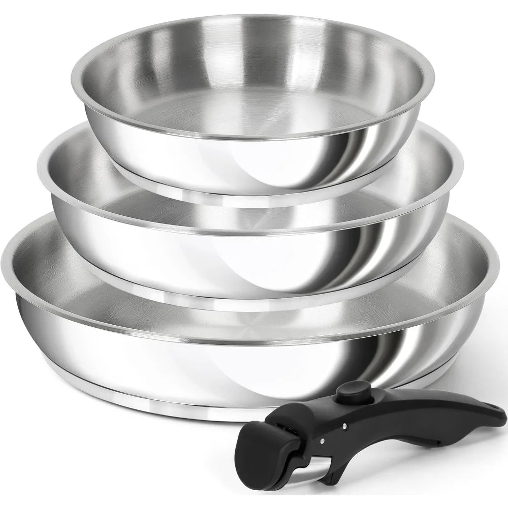 3 Piece 18/10 Stainless Steel Frying Pan Set with Removable Handle – Tri-Ply Stackable Pans 20cm, 24cm & 28cm – Best for Compact Kitchens & Family Meals