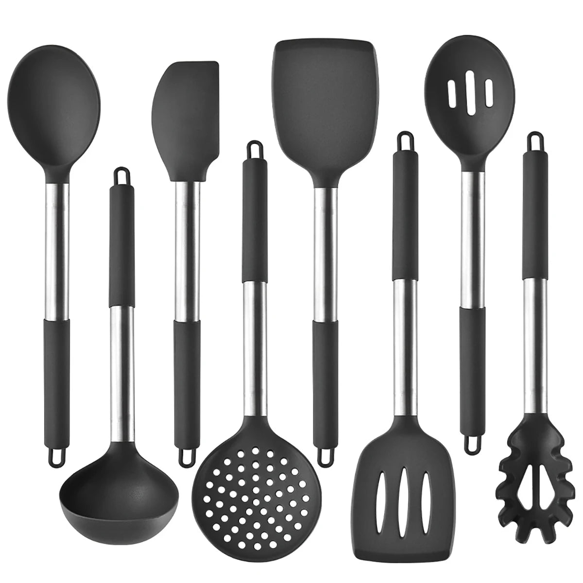 Silicone Kitchen Utensils Set with Stainless Steel Handles – Heat-Resistant & Safe for Non-Stick Cookware – Ideal for Daily Cooking – Available in Multiple Colours & Various Piece Set Options