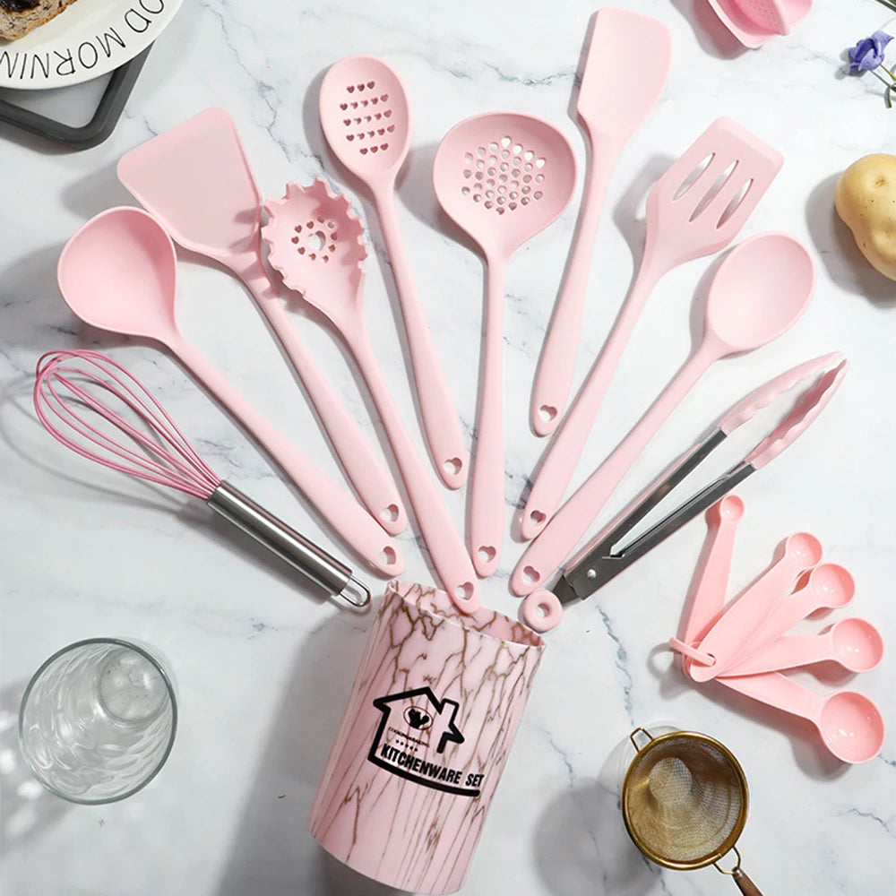 18-Piece Silicone Kitchen Utensils Set – Heat-Resistant Spatulas, Spoons, Turners, Brush, Whisk & More – Safe for Non-Stick Cookware & Daily Cooking – Available in Black, White & Pink