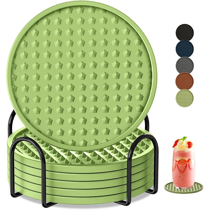 6 Pack Silicone Drink Coasters with Holder – Heat Resistant Non-Slip Cup Mats – Ideal for Protecting Tables & Worktops – Available in Black, Brown, Grey, Green, Blue & Sky Blue Colours