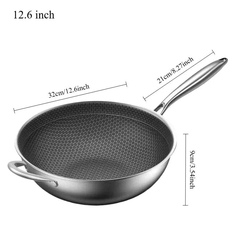 Honeycomb Stainless Steel Wok with Long Handle & Side Handle – Multi-Functional Deep Wok for Stir-Frying, Searing, Sautéing, Frying, Soups, Noodles, Steak, Deep-Frying, Tossing, Ramen & One-Pan Dishes,Available in 12-inch & 14-inch Sizes
