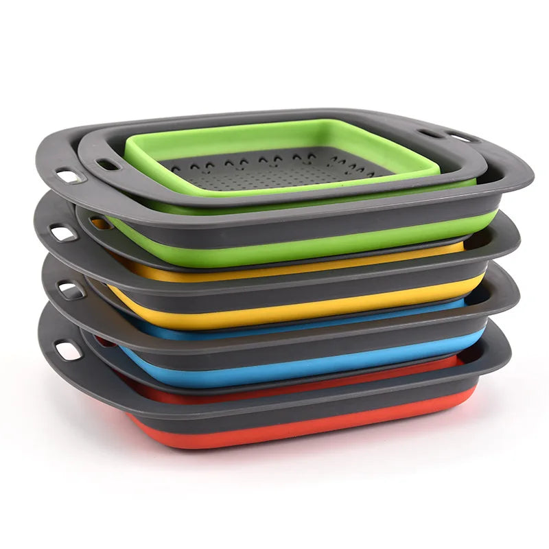 Square Collapsible Silicone Colander – Foldable Food, Fruit & Vegetable Strainer – Great for Draining Pasta & Saving Cupboard Space – Available in Green, Blue, Red & Orange Colours