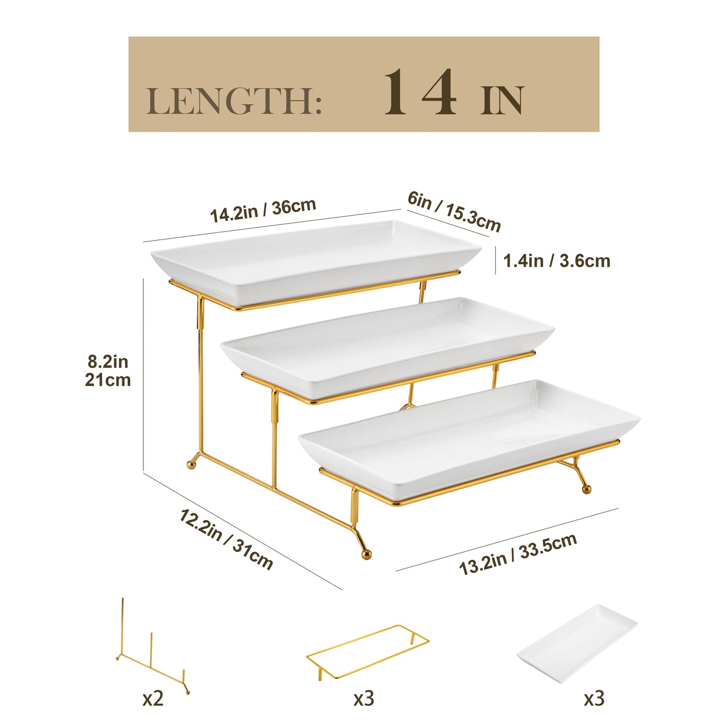 3-Tier Porcelain Buffet Food Display Platter with Stand | Stepped Staggered Design | 12 & 14 Inch
