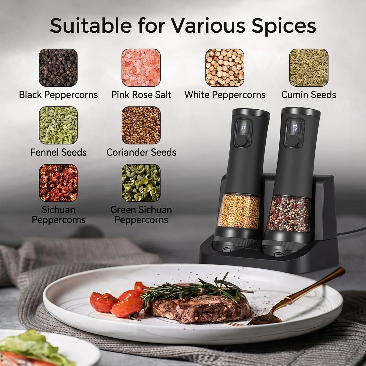 Electric Salt & Pepper Grinder Set with Charging Base – Rechargeable USB-C Mills with LED Light & Adjustable Coarseness – Ideal for Kitchen, BBQ & Table
