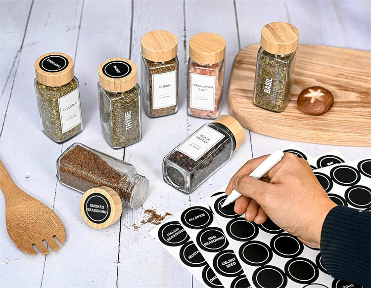 12 Piece Square Glass Spice Jar Set with Labels – 4oz Seasoning Containers – Best for Salt, Herbs, Sugar & Spices