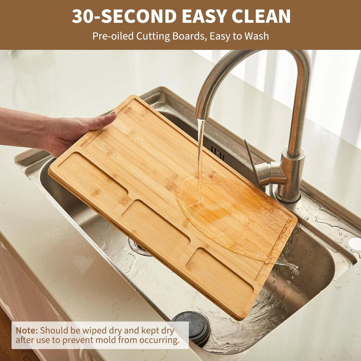 Bamboo Chopping Board Set of 3 – Pre-Oiled Reversible Boards with Juice Grooves, Handles & Prep Slots – Best for Everyday Chopping & Serving