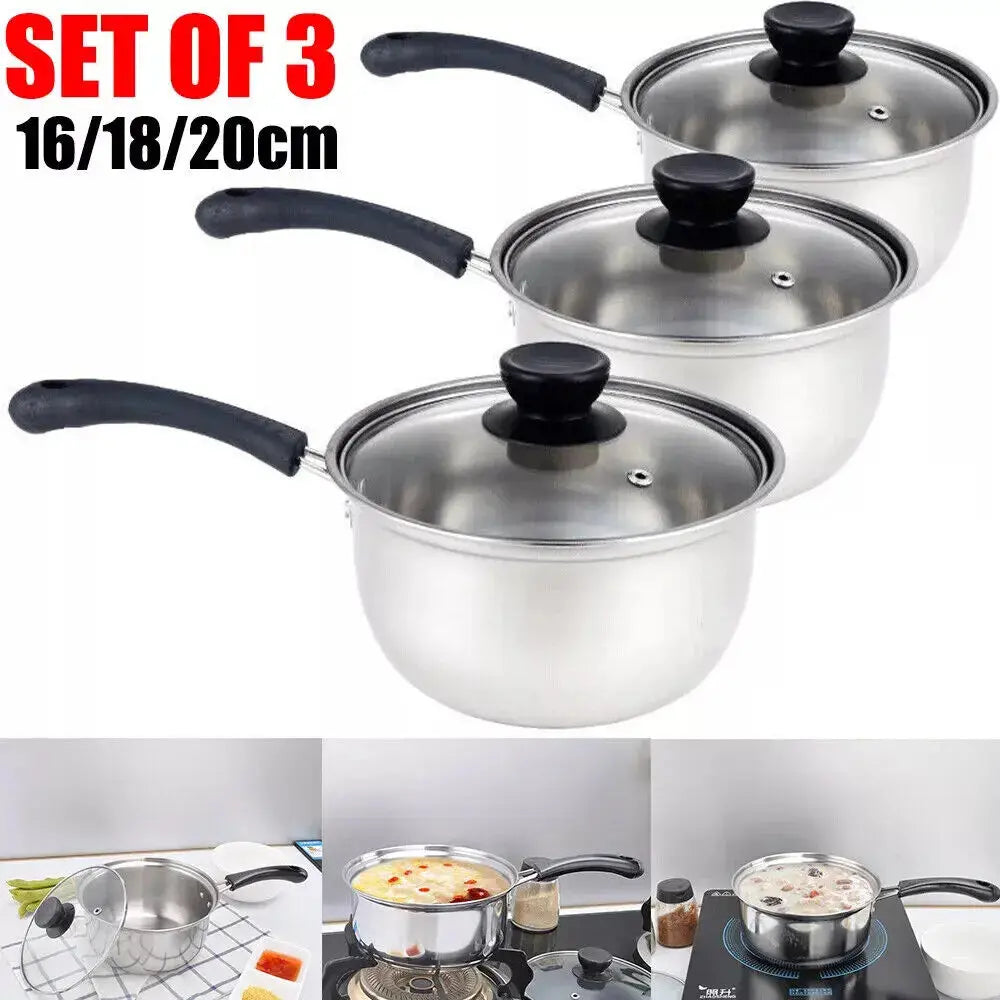 3-Piece Stainless Steel Saucepan Set with Glass Lids – Includes 16cm, 18cm, & 20cm Pans – Ideal for Boiling, Simmering, Heating & Everyday Cooking – Compatible with Induction, Gas, and Electric Hobs