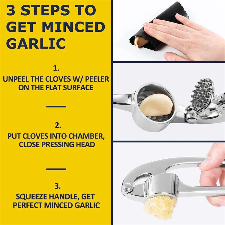 Zinc Alloy & Stainless Steel Garlic Press – Easy Squeeze Garlic Mincer & Crusher – Ideal for Fresh Garlic in Everyday Cooking – Available in Silver, Black & Gold Colours