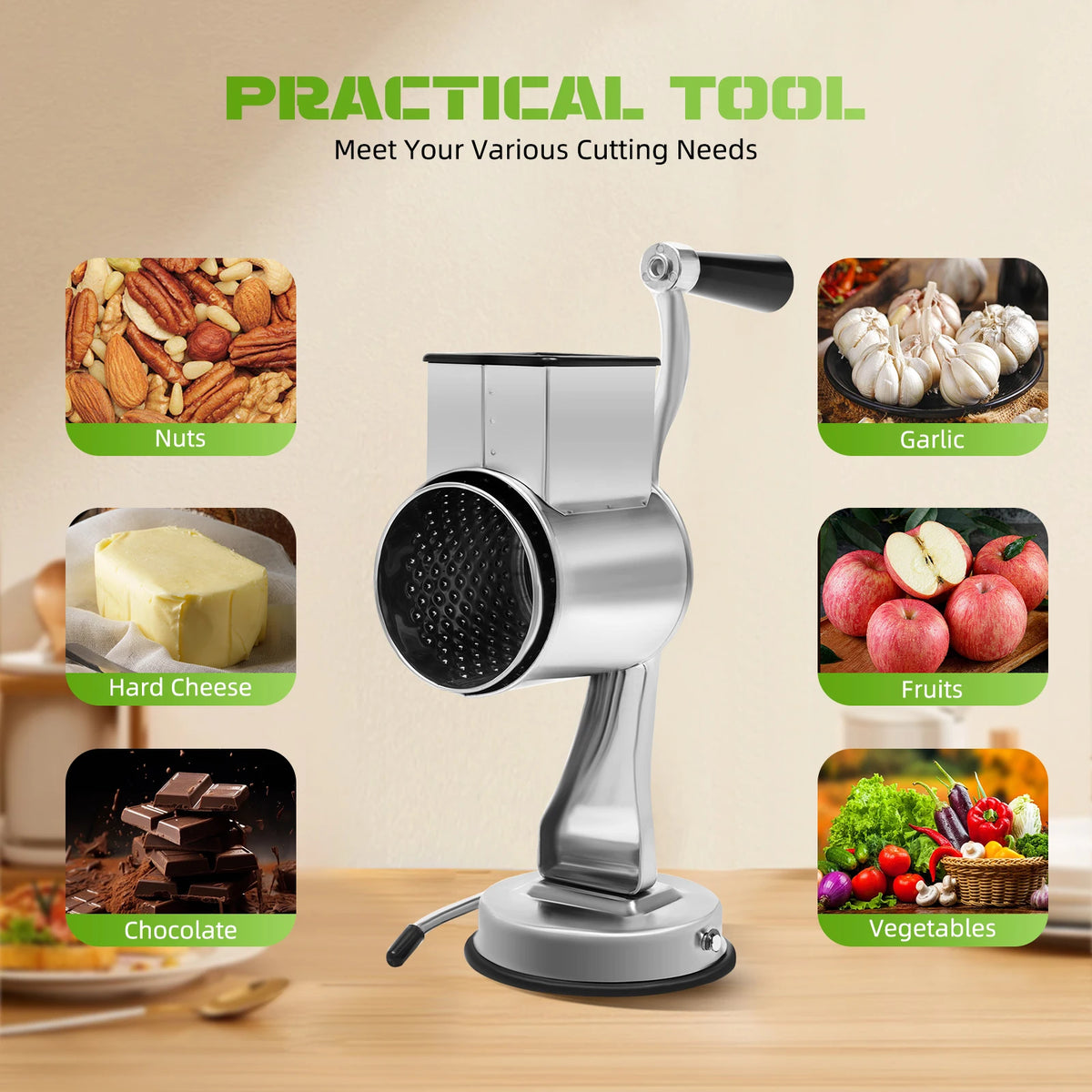 Stainless Steel Rotary Grater with 5 Drum Blades – Manual Cheese, Nut & Vegetable Shredder with Suction Base – Great for Salads & Toppings – Available in Silver, Silver & Silver Colours