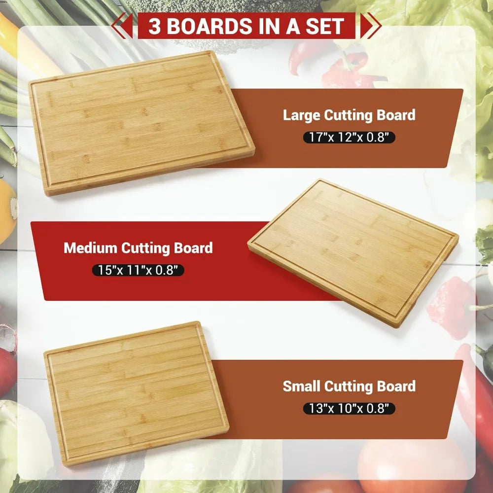Bamboo Chopping Board Set with Stand – 3 Carbonised Wood Boards with Juice Grooves – Ideal for Space-Saving Everyday Prep United Kingdom Wood