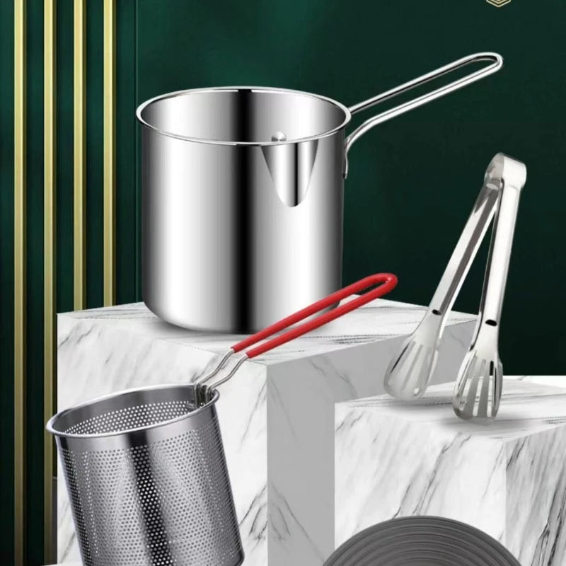 Stainless Steel Mini Deep Fryer with Frying Basket – 304 Multi-Use Small Pot & Chip Pan – Perfect for Fried Chicken, Chips & Snacks – Available in 2 & 3 Piece Sets