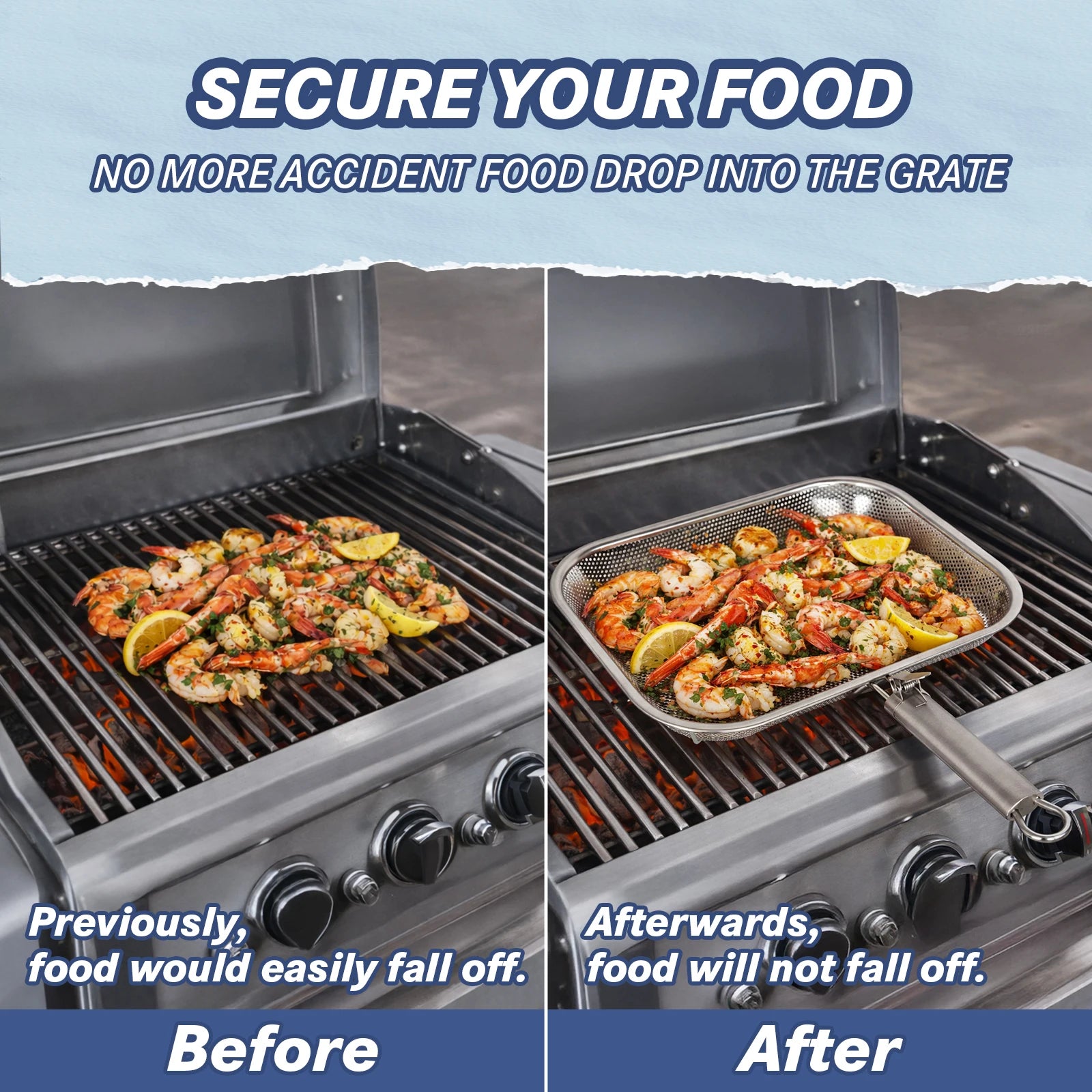 Perforated Stainless Steel Grill Basket with Detachable Handle – Rectangular BBQ Tray for Grilling Vegetables, Fish, and Meat, Ideal for Outdoor Cooking, Food-Grade Stainless Steel, Anti-Rust, Multi-Use, Easy Cleaning