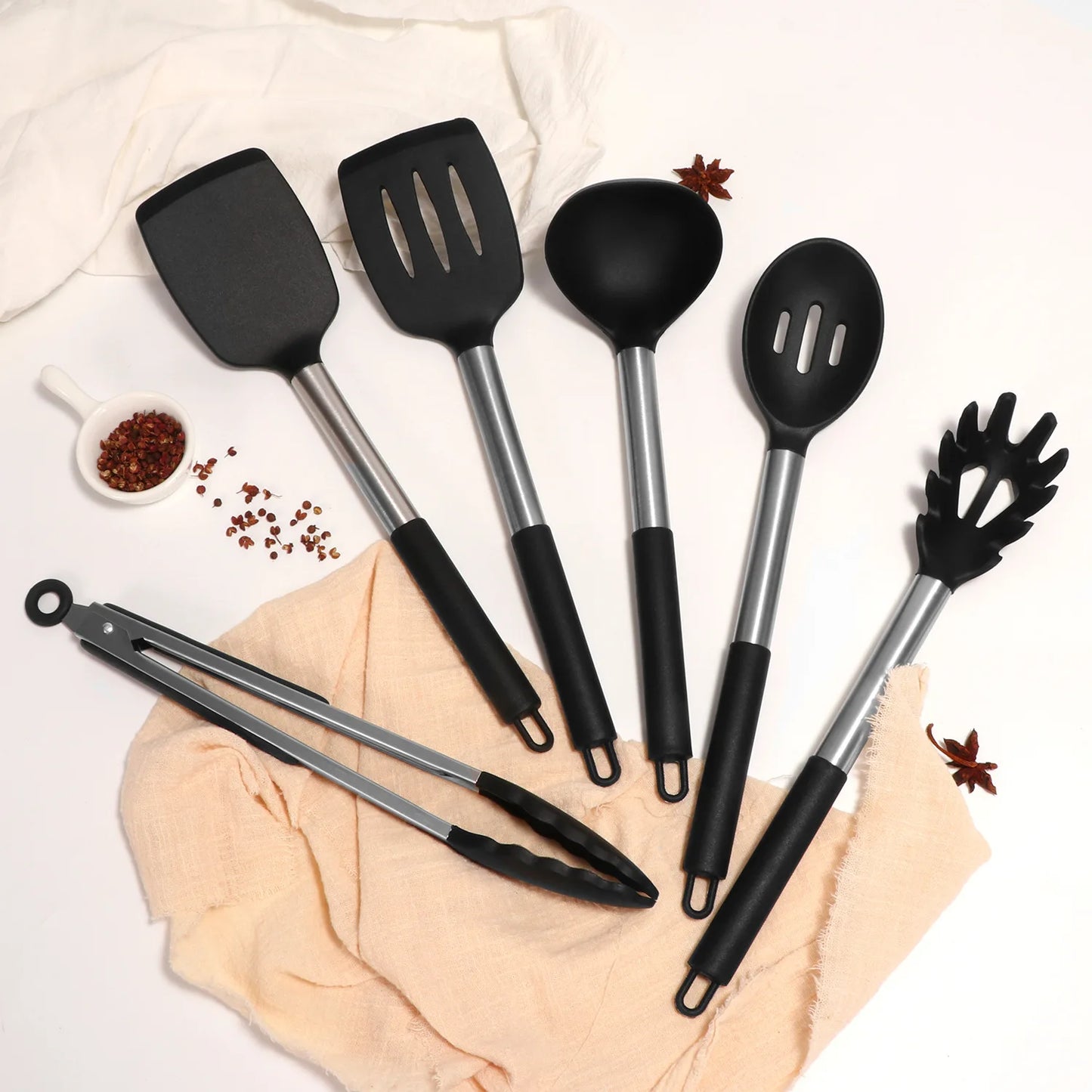 Silicone Kitchen Utensils Set with Stainless Steel Handles – Non-Stick, Heat-Resistant Cooking  Kitchen Utensils for Everyday Cooking & Baking, Available in 4 Colours & Multiple Set Sizes