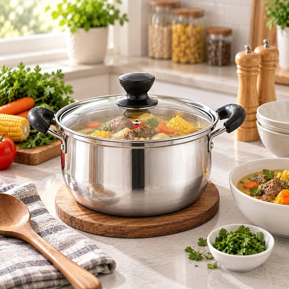 3 Piece Stainless Steel Cookware Set – Frying Pan, Saucepan & Stock Pot with Glass Lid – Ideal for Induction, Gas & Everyday Cooking (18cm)