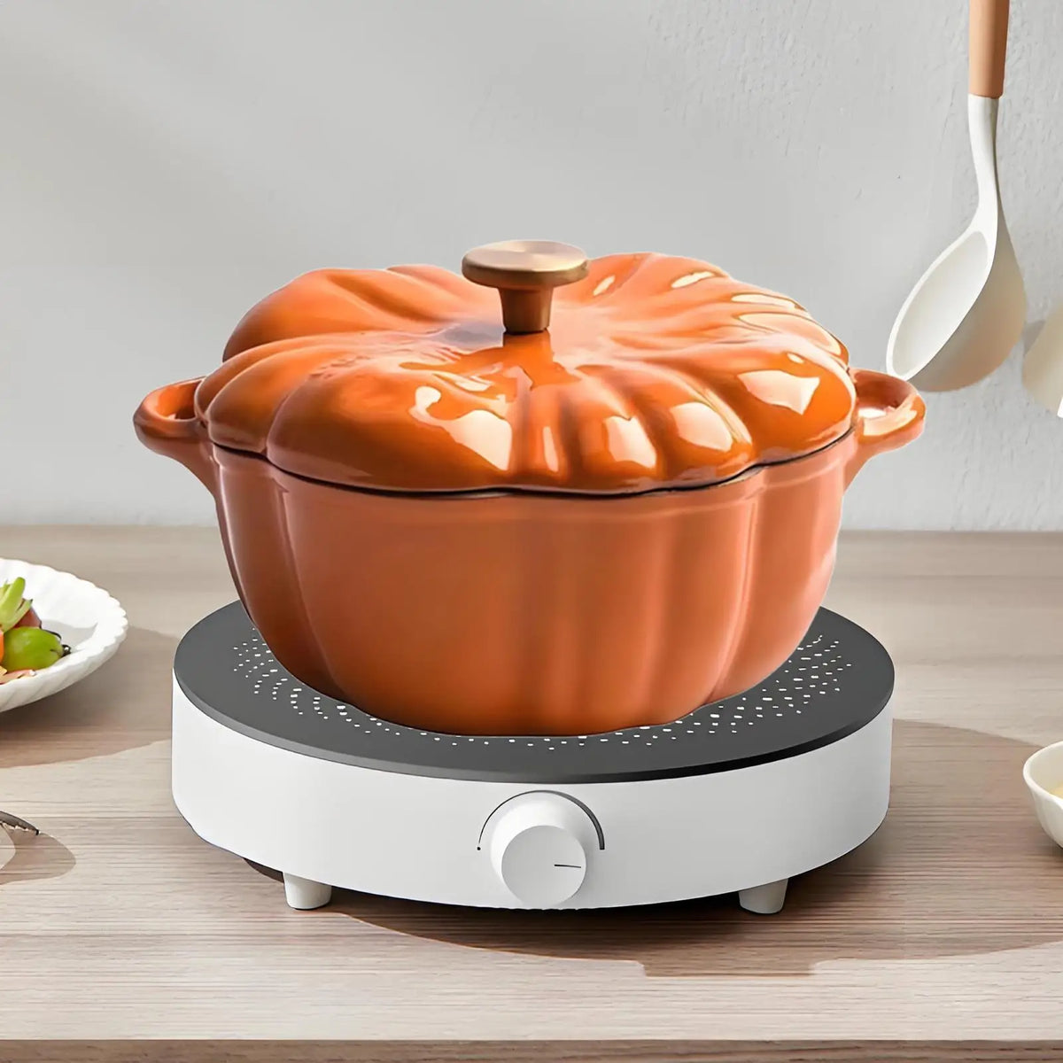 Pumpkin Cast Iron Dutch Oven – Enamelled Mini Casserole Pot & Cocotte with Lid – Perfect for Autumn Soups, Stews & Halloween Serving (16cm)
