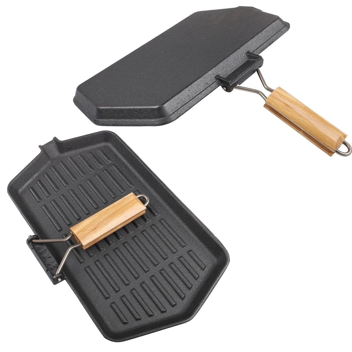 Square Cast Iron Grill Pan with Foldable Wooden Handle – Non-Stick Ridged Griddle Skillet for Indoor & Outdoor Grilling – Ideal for Steaks, Fajitas & Vegetables (21 x 35cm)