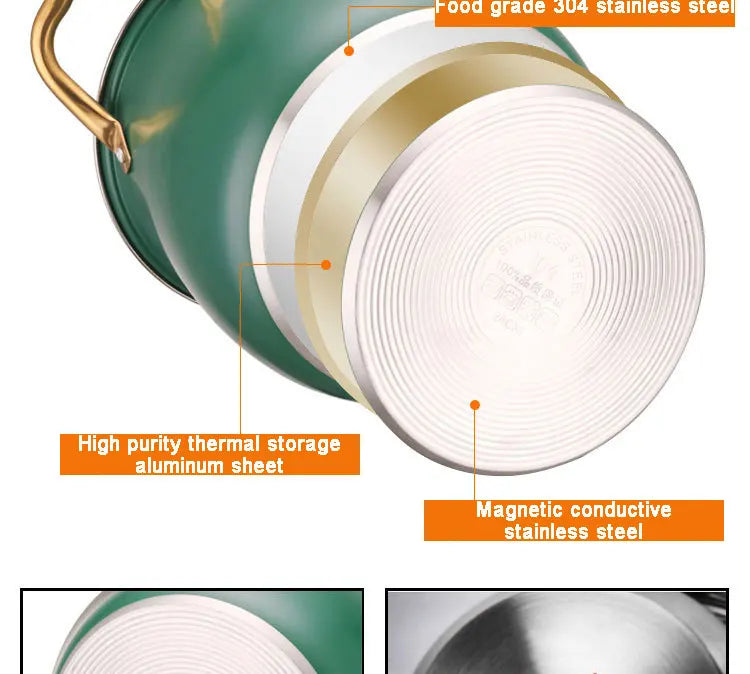 Stainless Steel Stock Pot with Glass Lid & Gold Handles – Thickened Base, Induction Compatible, Great for Soups, Stews, and Everyday Cooking