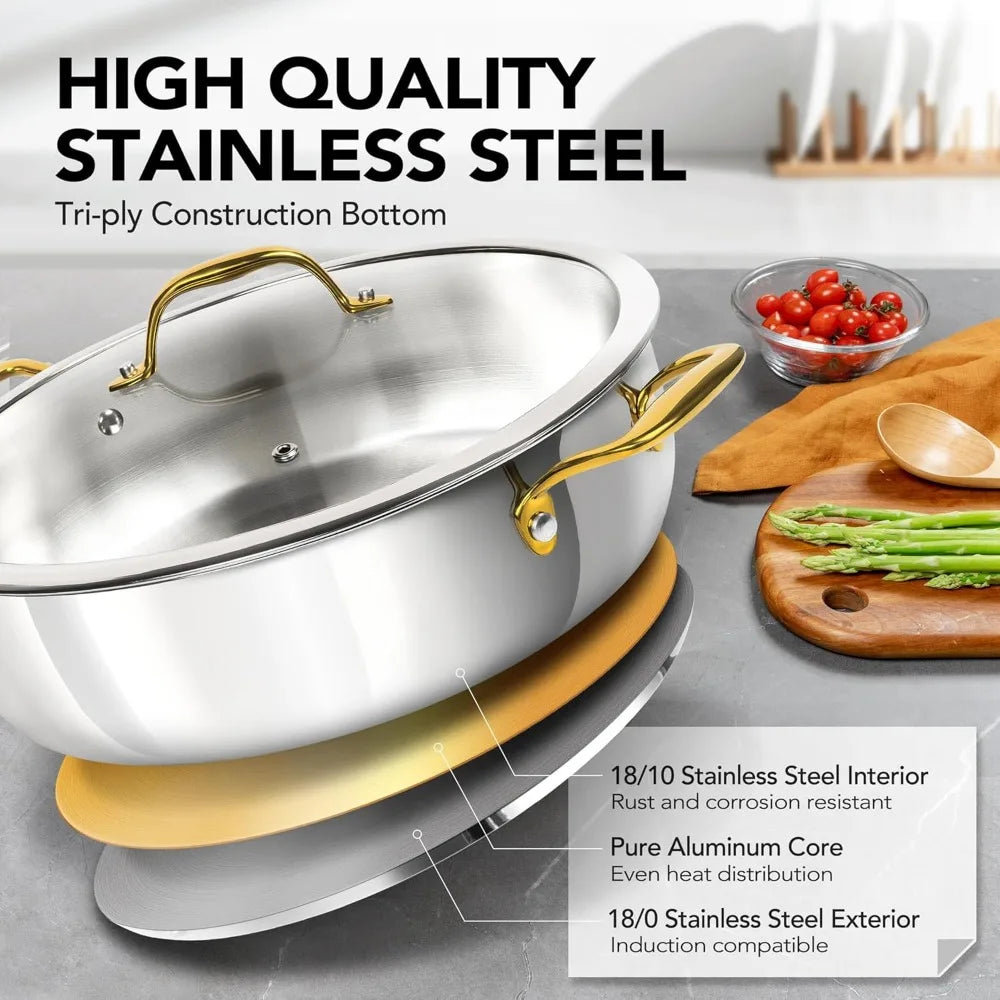 Stainless Steel Sauté Pan with Golden Handles & Glass Lid – Tri-Ply Deep Pan Ideal for Searing, Sautéing, Frying, Simmering & One-Pan Meals – Durable, Even-Heat Construction – All-Cooktop Compatible – 30cm