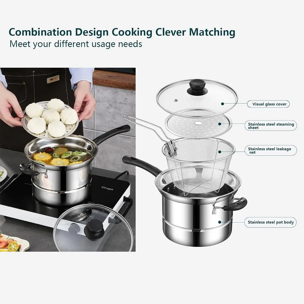 Stainless Steel Chip Pan with Frying Basket & Glass Lid – Deep Fat Fryer & Soup Pot with Encapsulated Base – Ideal for Chips, Noodles & Soups