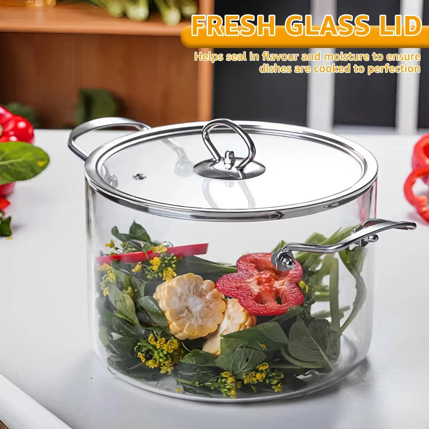 Clear Glass Cooking Pot with Lid – Heat-Resistant Borosilicate Transparent Glass Soup Stockpot with Stainless Steel Handle – Ideal for Stews, Soups, Pasta & More – Safe for Gas, Induction – Available in 2.5L & 3.5L
