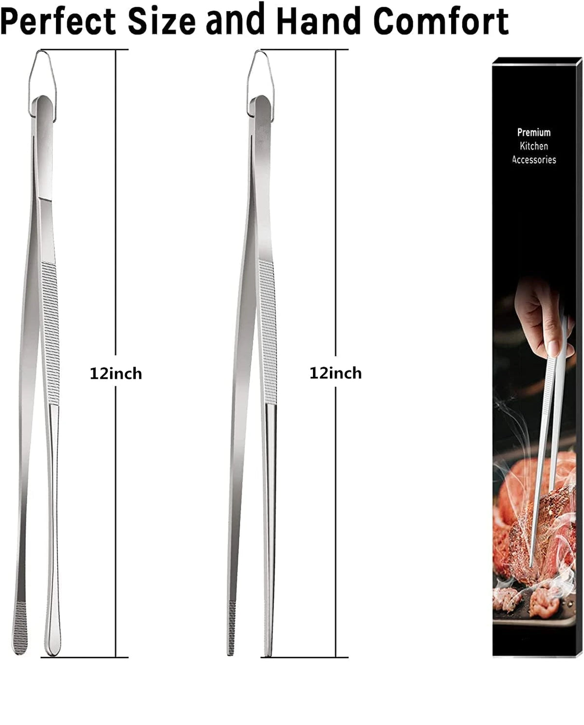2 Piece Stainless Steel Kitchen Tweezers – Heavy Duty Chef Cooking Tongs – Ideal for Plating, Grilling & Precise Cooking – Available in 10 Inch & 12 Inch