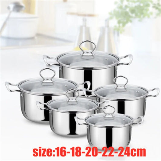 5 Piece Stainless Steel Cooking Pot Set with Sealed Glass Lids – Induction Pots 16cm to 24cm with Measuring Scale – Ideal for Everyday & Family Cooking