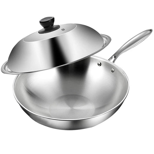 Stainless Steel Wok with Lid – Tri-Ply Durable Multi-Layer Construction for Even Heat Distribution – Ideal for Stir-Frying, Deep-Frying, Poaching, Searing, Sautéing, Tossing Noodles, Soups, Frying Eggs, Omelettes & One-Pan Dishes