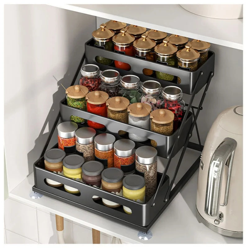 3-Tier Height-Adjustable Pull-Out Kitchen Spice Rack – Countertop Storage Organiser for Spice Bottles, Oils & Jars, Foldable & Rust-Resistant, Available in Black & White