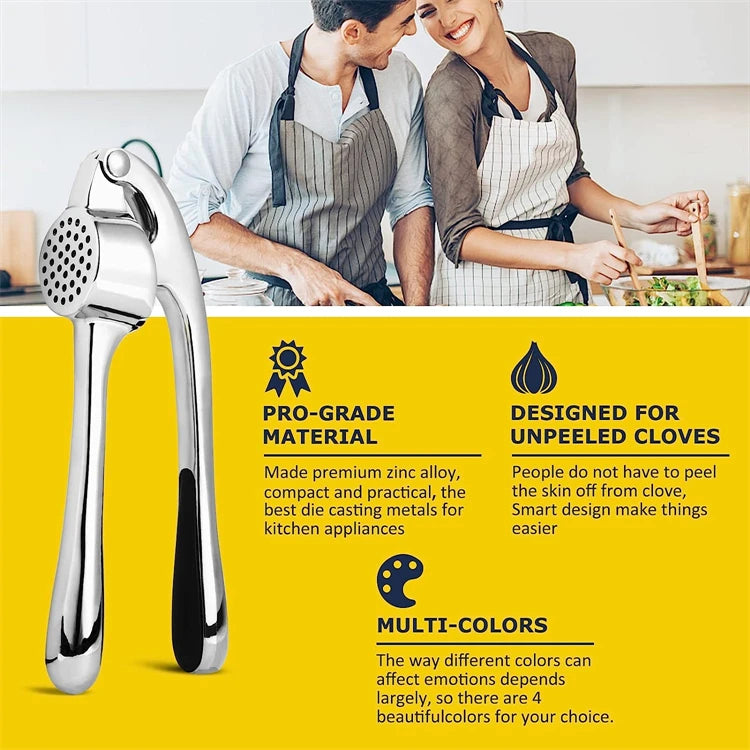 Zinc Alloy & Stainless Steel Garlic Press – Easy Squeeze Garlic Mincer & Crusher – Ideal for Fresh Garlic in Everyday Cooking – Available in Silver, Black & Gold Colours