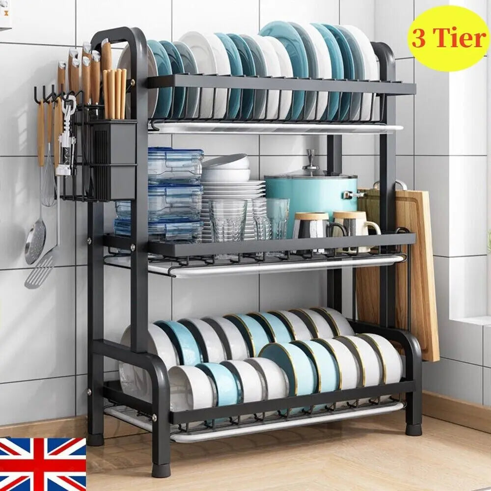 3 Tier Dish Drainer Rack with Drip Trays – Large Plate Rack with Cutlery & Chopping Board Holders – Great for Drying Dishes by the Sink