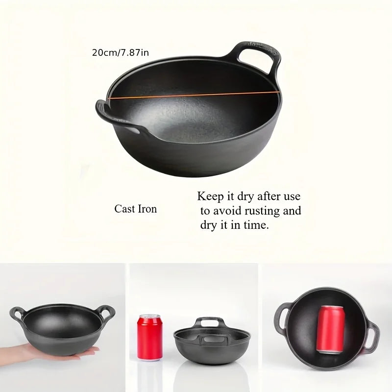 Cast Iron Wok with Dual Handles – Grilling Wok for Oven, Hob & BBQ – Great for Stir-Fries, Grilled Vegetables & Outdoor Cooking