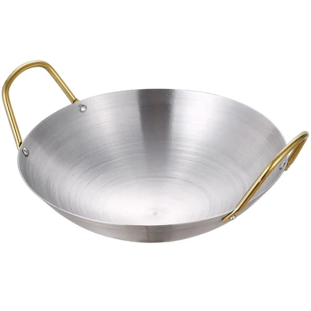 Stainless Steel Wok with Golden Dual Handles – Thick, Durable Chef’s Cooking Wok Pan – Perfect for Stir-Frying, Deep-Frying, Steaming, Boiling, Searing, Smoking & More – Available in 22cm, 24cm, 26cm, 28cm & 30cm Size
