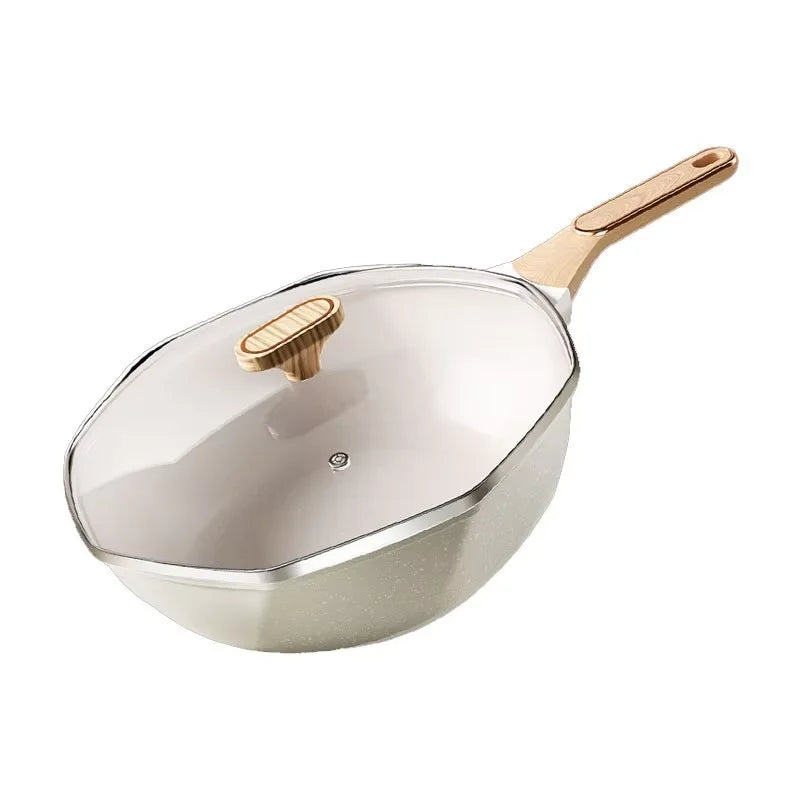 Octagonal Medical Stone Non-Stick Wok Frying Pan with Glass Lid – Deep Skillet for Stir-Fries, Sautéing, Frying, Soup, Noodles, Steak, Eggs, Pancakes & One-Pan Meals – Induction & Gas Compatible – Available in 28cm,Green & White Colour