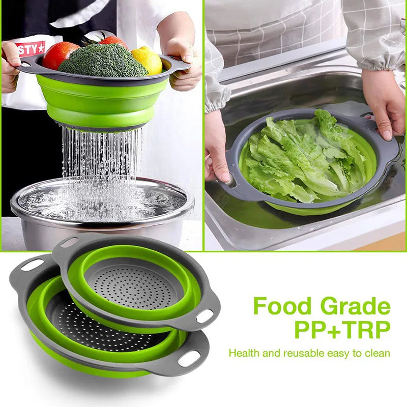 Round Folding Colander Basket – Collapsible Fruit & Vegetable Cleaning & Drainage Basket – Perfect for Rinsing Produce & Draining Pasta – Available in Green, Orange & Red Colours