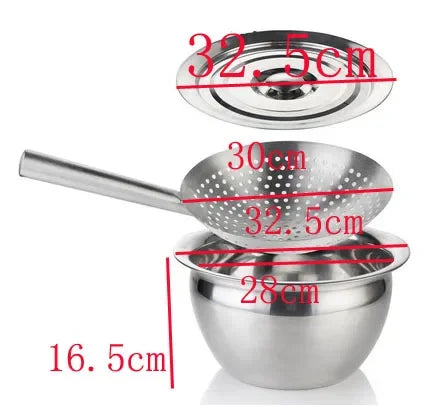 Stainless Steel Oil Strainer & Storage Set – Includes Colander Bowl & Large Heat-Resistant Handle Slotted Ladle Skimmer for Frying & Oil Separation 3 pcs one set 32.5