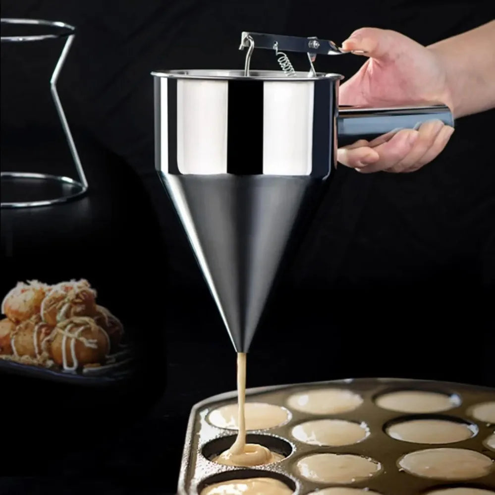 Pancake & Cupcake Batter Dispenser with Stand – 4 Nozzle Stainless Steel Funnel with Thumb Lever – Perfect for Muffins, Crepes & Waffles