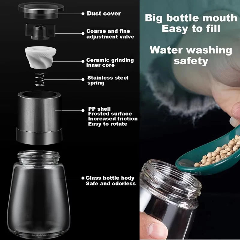 Adjustable Ceramic Salt & Pepper Grinder Set – Manual Glass Pepper Mill & Herb Grinder – Best for Sea Salt, Peppercorns & Dried Herbs