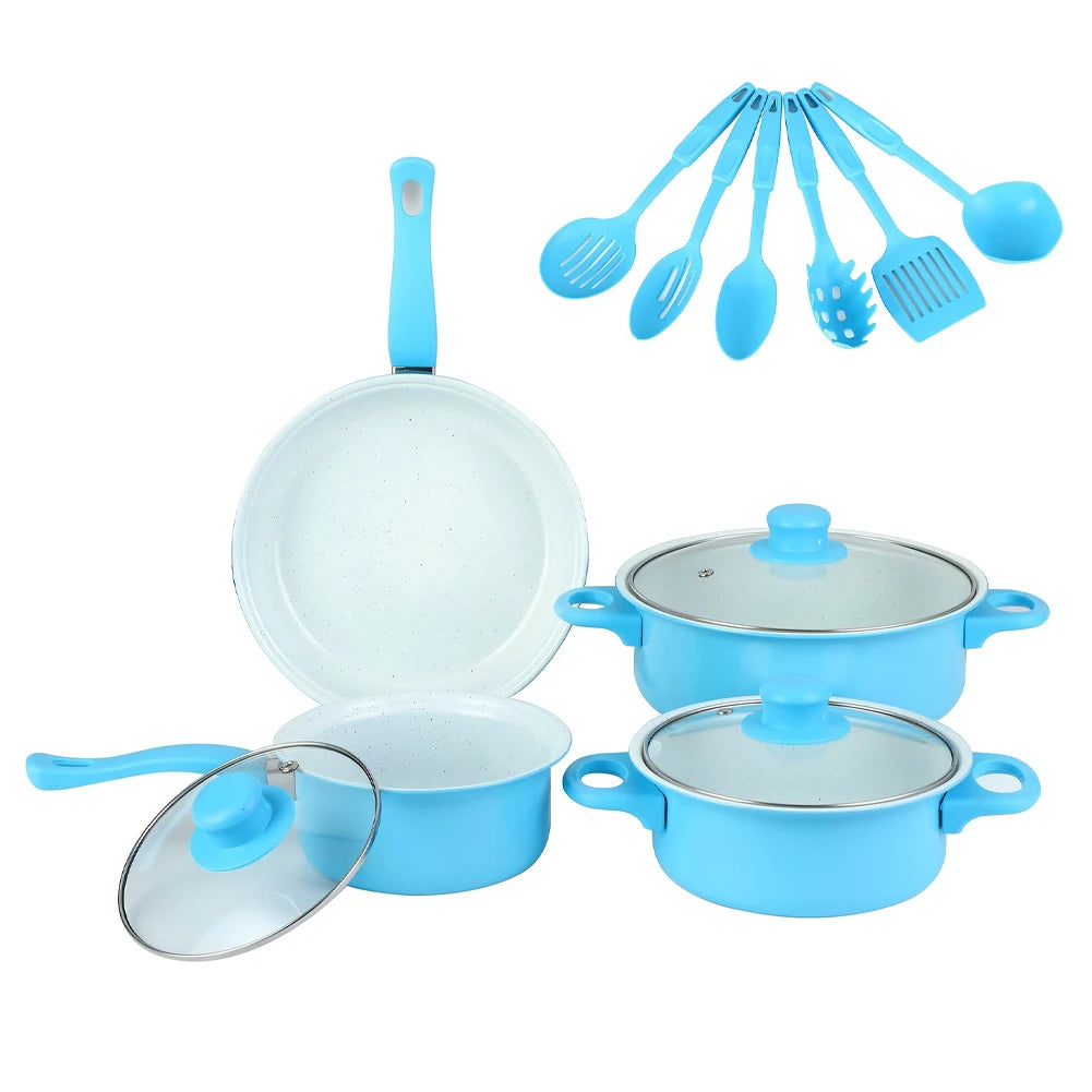 12 Piece Non-Stick Cookware Set with Lids – Maifan Stone Frying Pans, Milk Pan & Cooking Pot – Best for All Hobs & Everyday Meals – Available in Black, Blue & Pink Colours