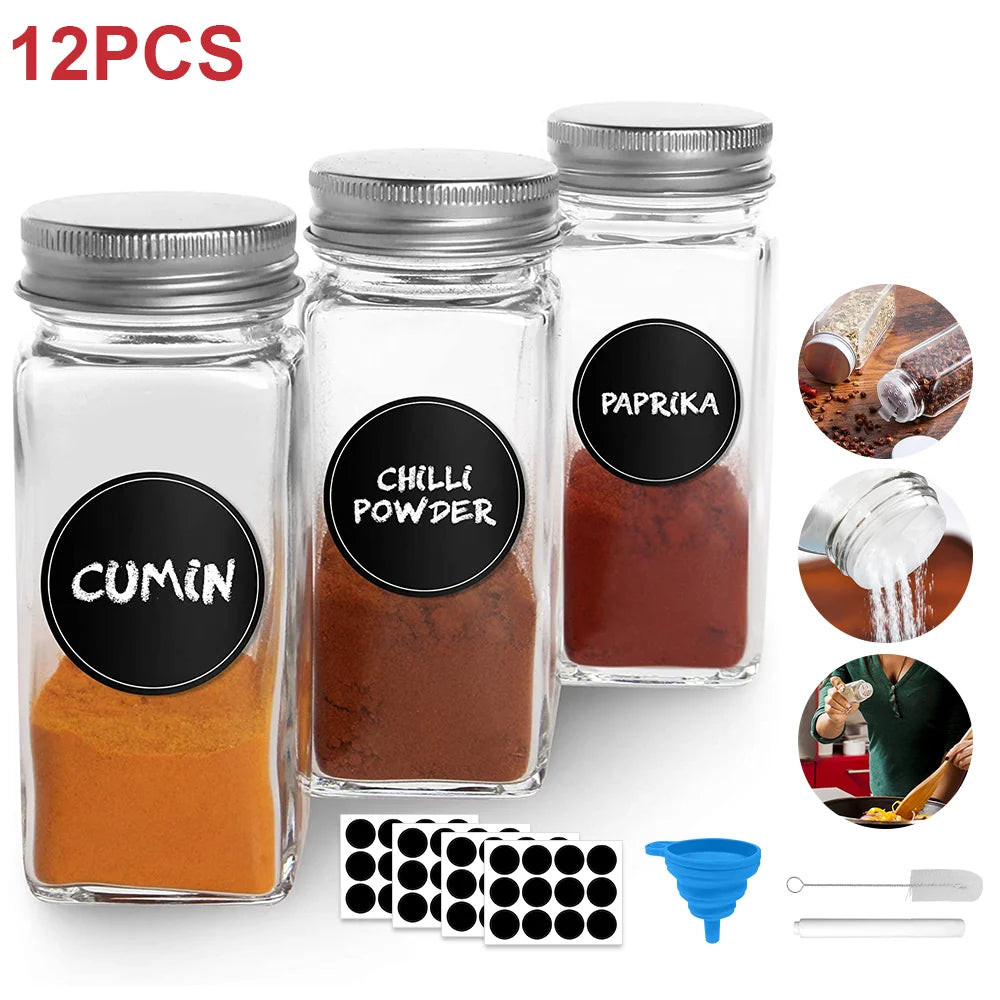 12 Piece Glass Spice Jar Set with Lids & Labels – Clear 120ml Seasoning Storage Bottles – Best for Spice Powders, Herbs & Pantry Organising – Available in 12 Piece Set & 12 Piece Set
