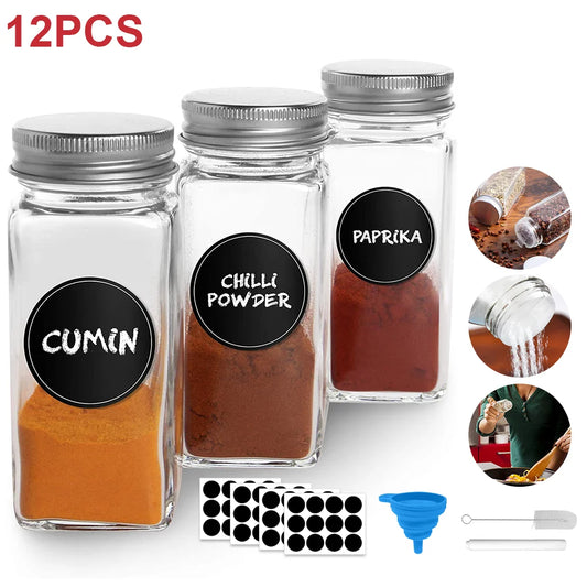12 Piece Glass Spice Jar Set with Lids & Labels – Clear 120ml Seasoning Storage Bottles – Best for Spice Powders, Herbs & Pantry Organising – Available in 12 Piece Set & 12 Piece Set