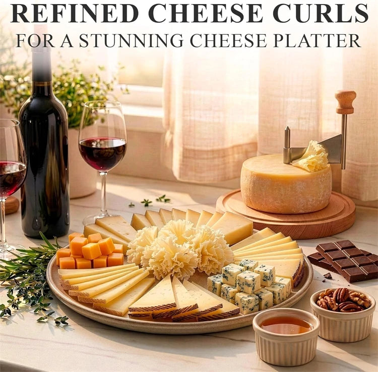 Stainless Steel Cheese Curler Wheel with Wooden Base – Rotary Cheese Shaver & Flower Slicer – Great for Cheese, Chocolate & Butter Curls