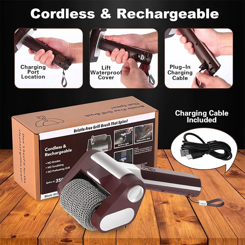 Bristle-Free Spinning Electric Grill Brush – Rechargeable BBQ Cleaner with 350 RPM Stainless Steel Roller – Great for Cleaning Grill Grates