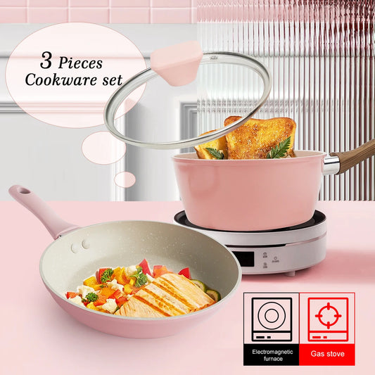 Blush Pink Non-Stick Cookware Set – Includes Skillet & Glass Lid, Mini Milk Sauce/Soup Pan – Ideal for Omelettes, Pancakes, Porridge, Soups, Sauces, Scrambled Eggs, Baby Food, Curries, French Toast & Daily Cooking – 3-Piece Set