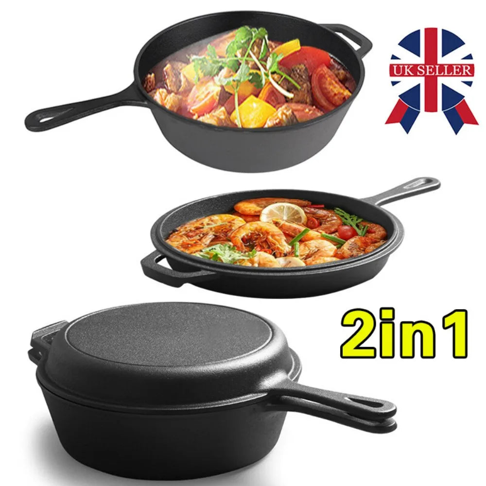 2-in-1 Cast Iron Skillet & Dutch Oven – Pre-Seasoned Double-Use Frying Pan & Deep Pot – Ideal for Stove to Oven Cooking