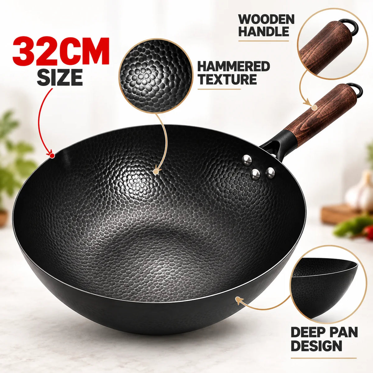 Iron Wok with Wooden Lid – Uncoated Pure Iron Stir-Fry Pan – Perfect for Stir-Frying, Noodles & High-Heat Cooking (32cm)